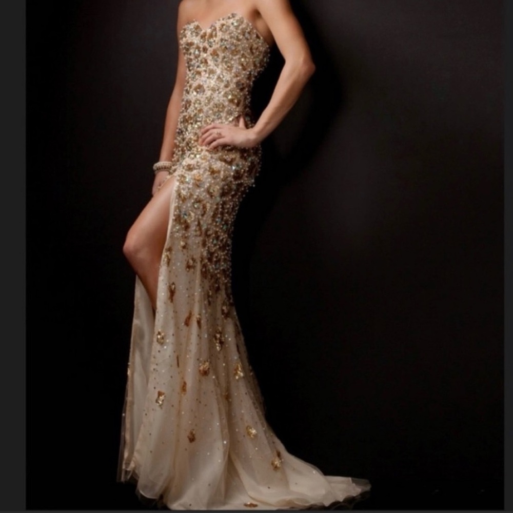 Jovani Strapless Gold Embellished Gown